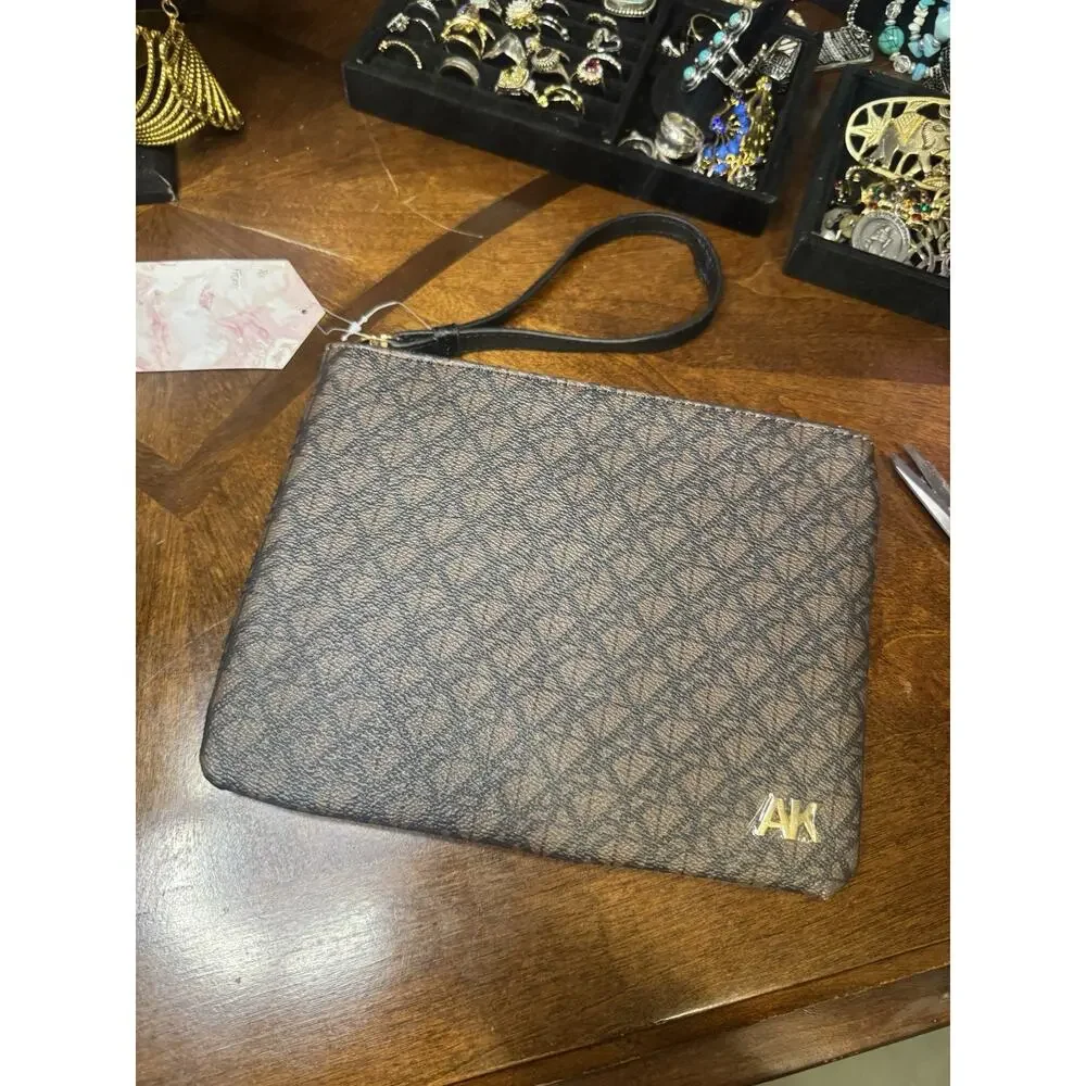 Anne Klein Black/Brown Logo Wristlet Pouch Clutch Wristlet for Women